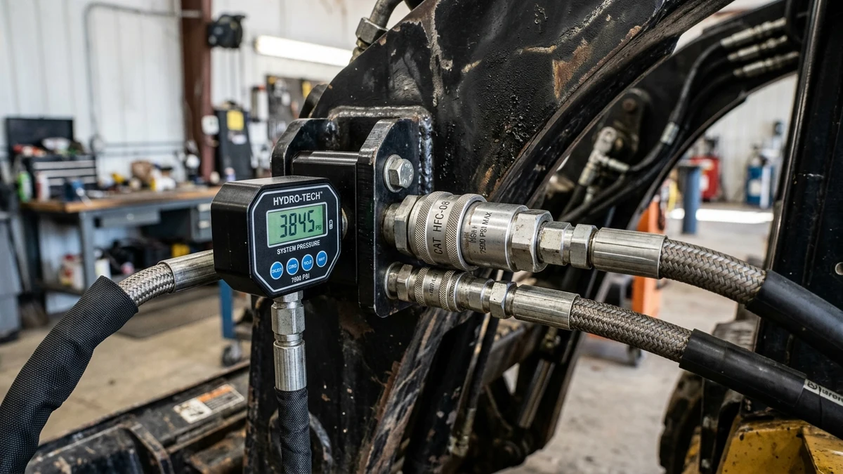 Auxiliary hydraulic quick-disconnect flat-face couplers with pressure hoses and digital pressure gauge manifold on skid steer boom arm