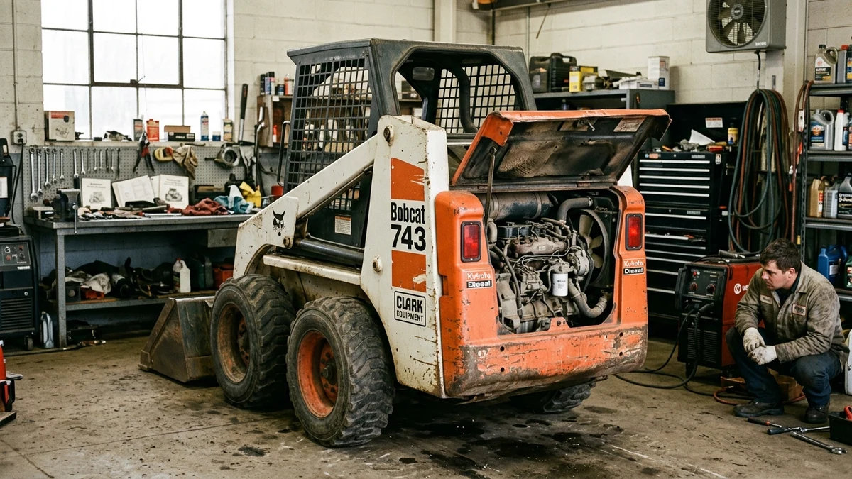 Vintage Bobcat 743 skid steer loader parked in equipment workshop with rear tailgate open revealing Kubota diesel engine