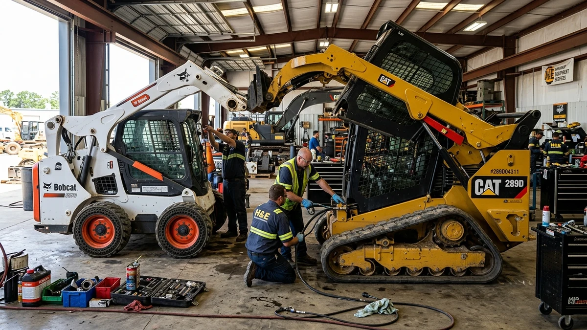 Commercial equipment maintenance yard with a Cat 289D compact track loader and Bobcat skid steer undergoing hydraulic service