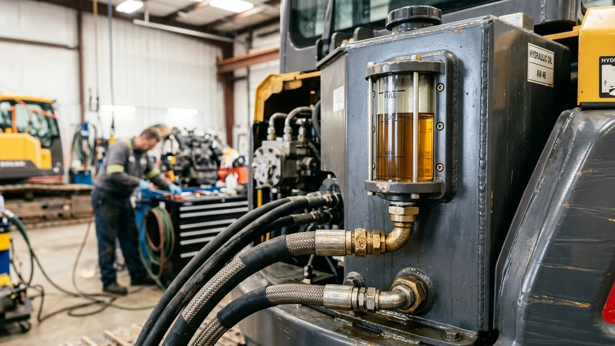 Heavy equipment hydraulic fluid reservoir with transparent sight glass displaying amber hydraulic oil