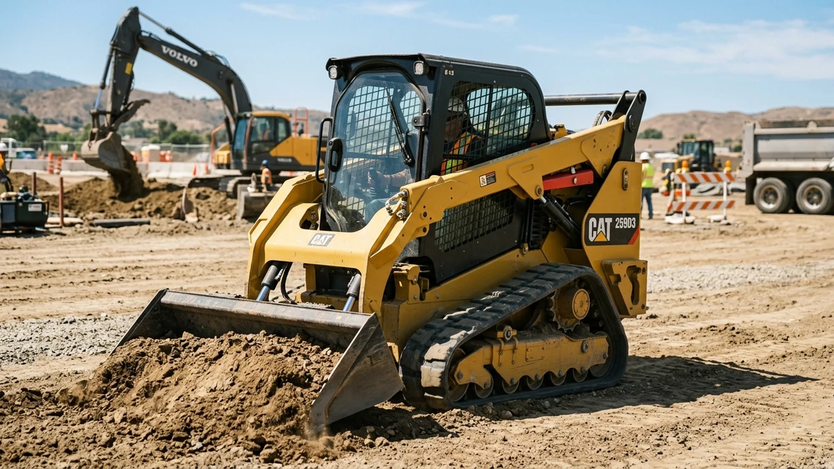 Radial boom skid steer loader operating on job site